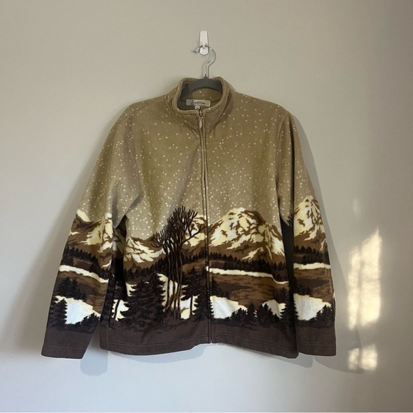 tradition country collection Jackets & Blazers - Vintage Mountain Print Fleece Zip Jacket | Cozy Neutral Outdoor Style | Size L